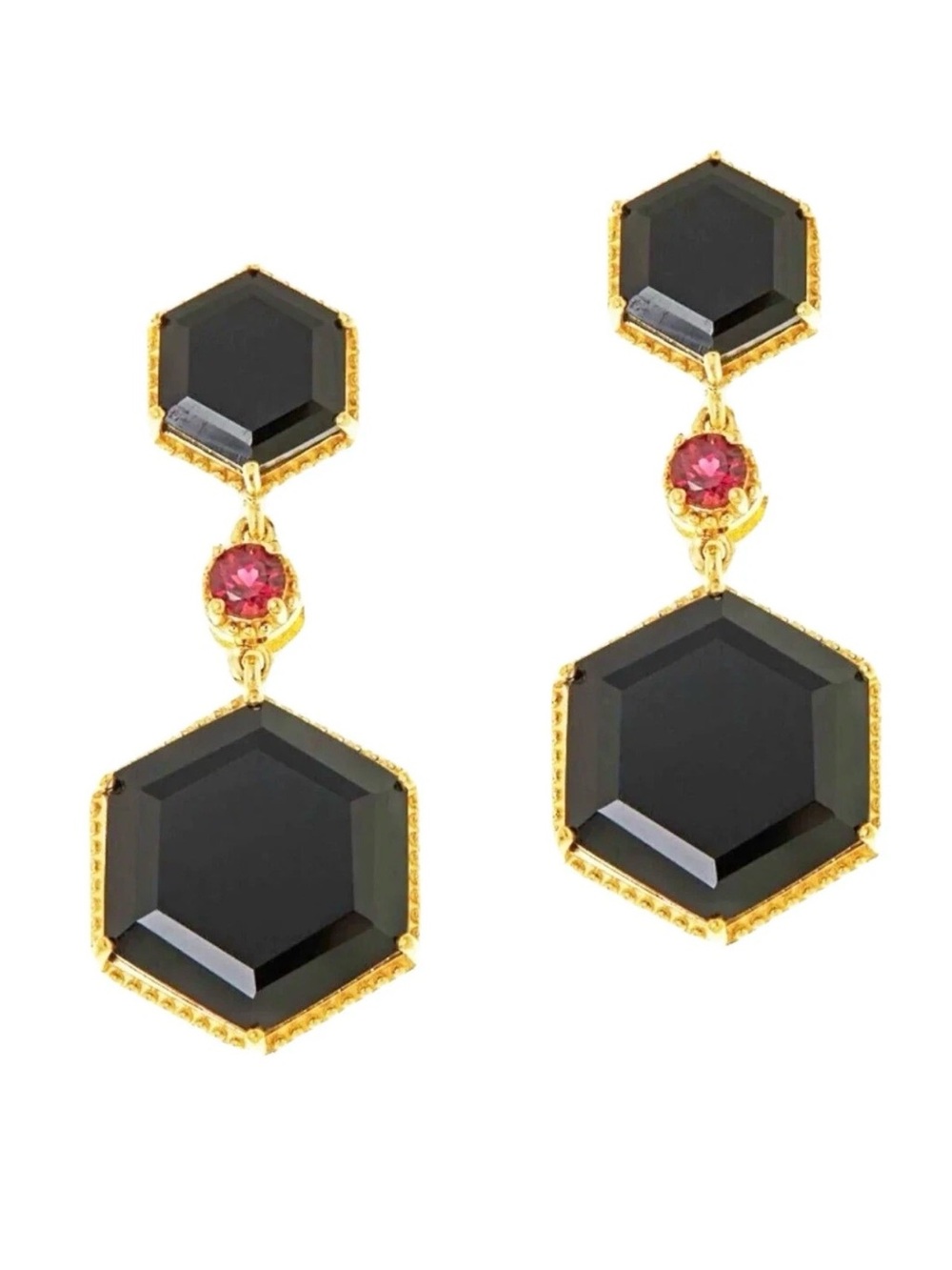 Rarities Gold-Plated Hexagon Black Onyx & Pink Garnet Drop Pierced Earrings